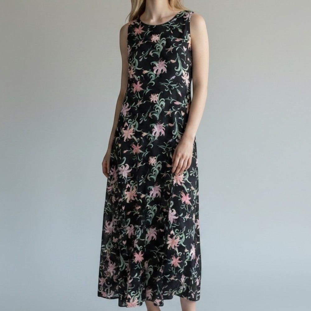 Neiman Marcus Silk Maxi Dress Womens L Black Pink Floral Lily Sleeveless Elegant